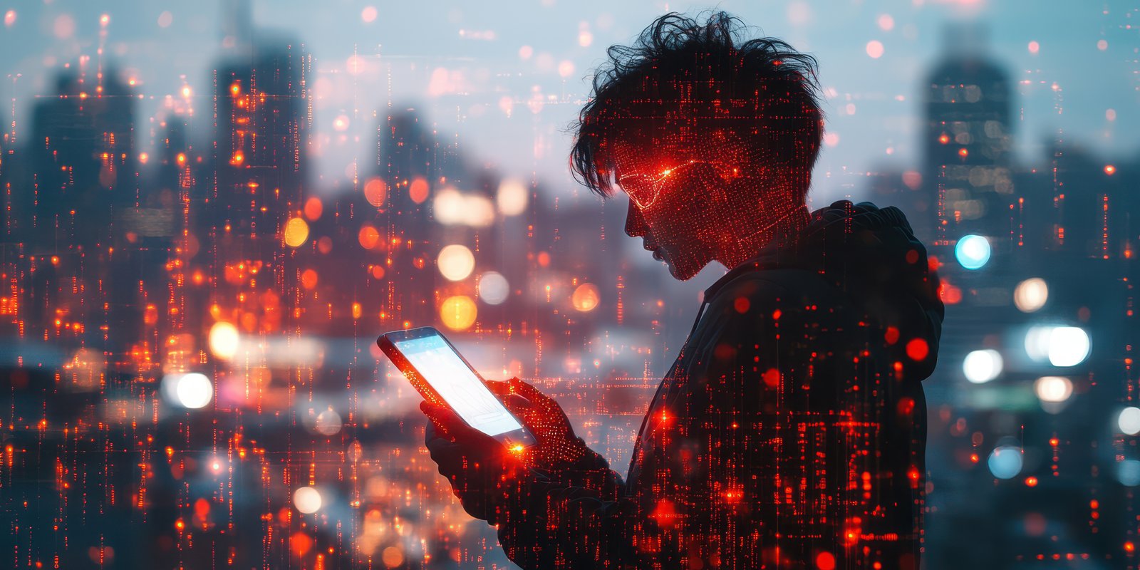Silhouette of a person using a smartphone in a city at dusk, illuminated by digital data patterns